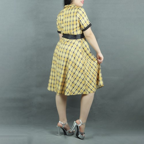 Short Sleeve Checkered A-Line Printed Midi Dress - Yellow| image
