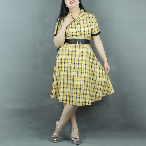 Short Sleeve Checkered A-Line Printed Midi Dress - Yellow| image