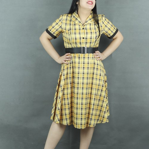 Short Sleeve Checkered A-Line Printed Midi Dress - Yellow| image