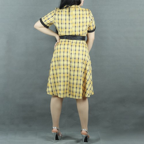 Short Sleeve Checkered A-Line Printed Midi Dress - Yellow| image