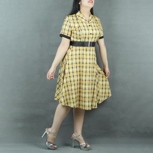 Short Sleeve Checkered A-Line Printed Midi Dress - Yellow| image