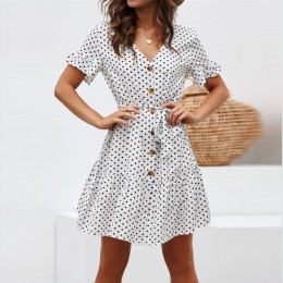 Casual Short Sleeve Polka Dot Mini Dress - White