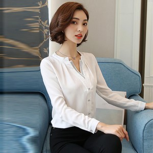 Casual V-Neck Long Sleeve Chiffon Shirt - White
