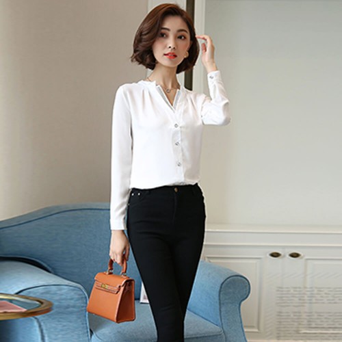 Casual V-Neck Long Sleeve Chiffon Shirt - White image