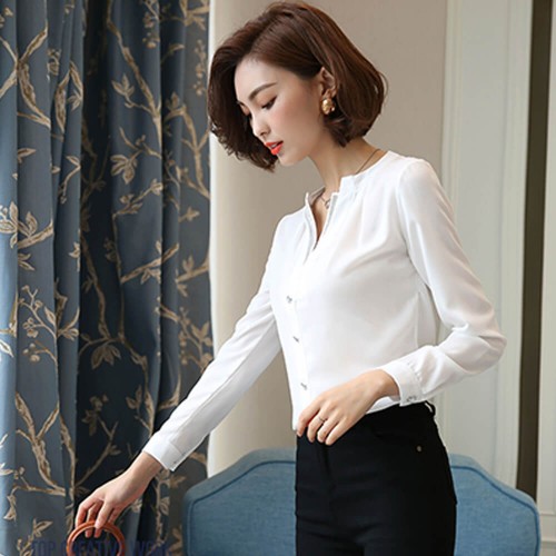 Casual V-Neck Long Sleeve Chiffon Shirt - White image
