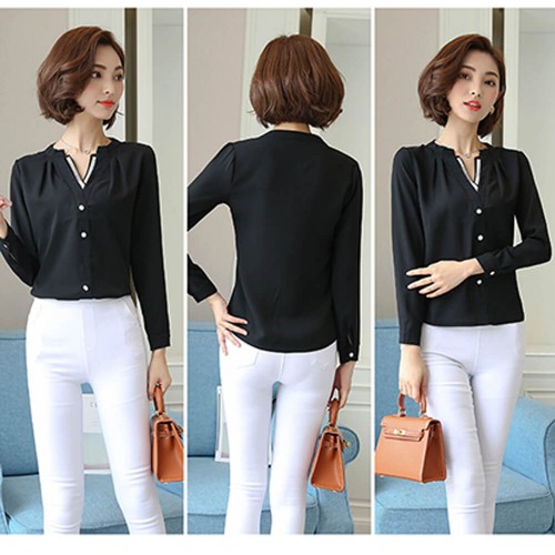 Casual V-Neck Long Sleeve Chiffon Shirt - Black image