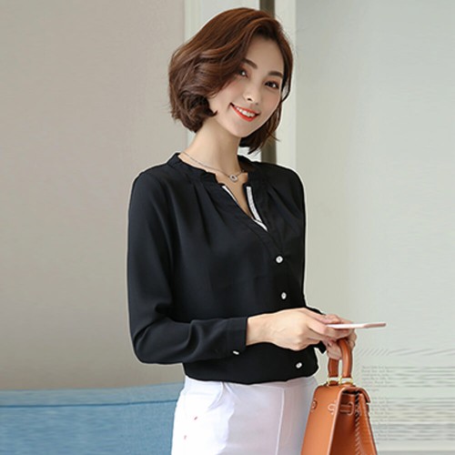Casual V-Neck Long Sleeve Chiffon Shirt - Black image