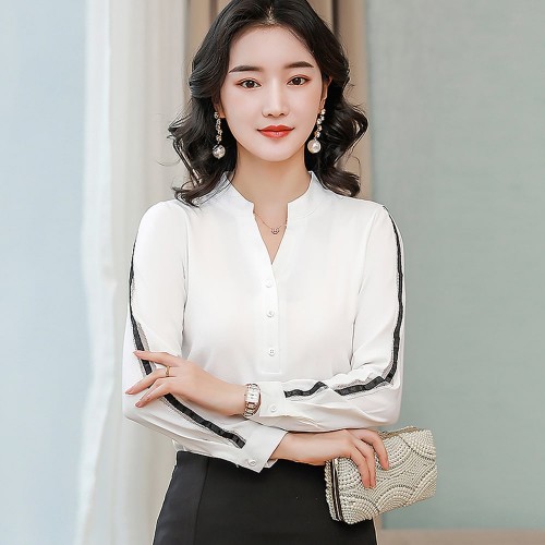Classy Long Sleeve Chiffon Shirt For Women - White image