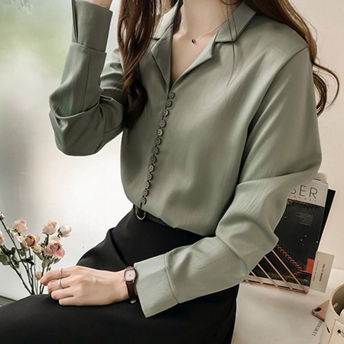 Buttoned Style Collared V Neck Shirt for Women - Green image