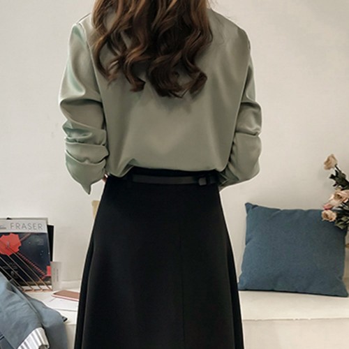 Buttoned Style Collared V Neck Shirt for Women - Green image