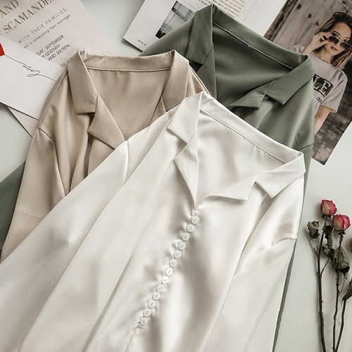 Buttoned Style Collared V Neck Shirt for Women - White image