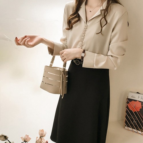 Buttoned Style Collared V Neck Shirt for Women - Gold image
