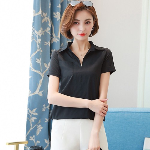 Trendy V Neck Short Sleeve Chiffon Shirt - Black image