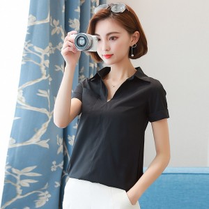 Trendy V Neck Short Sleeve Chiffon Shirt - Black