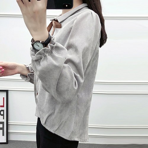 Solid Color Long Sleeve Corduroy Shirt For Women - Grey image