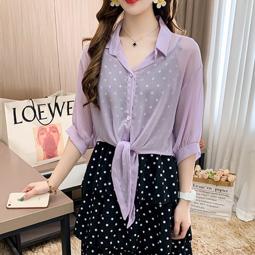 Women's Long Sleeved Collared Tie Front Shirt - Purple image