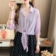 Women's Long Sleeved Collared Tie Front Shirt - Purple image