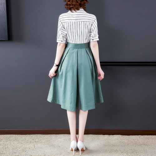 Asymmetric Striped And Umbrella Flare Skirt Midi Dress - White image