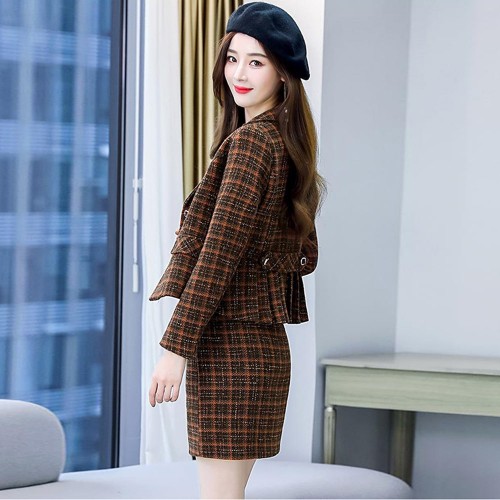 Long Sleeve Checkered Jacket And Mini Skirt - Brown image