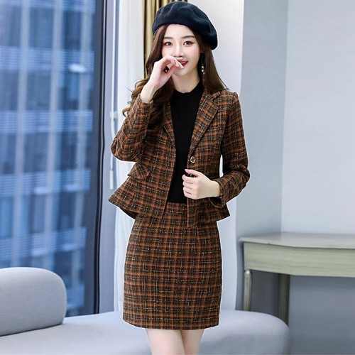 Long Sleeve Checkered Jacket And Mini Skirt - Brown image