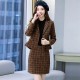 Long Sleeve Checkered Jacket And Mini Skirt - Brown image