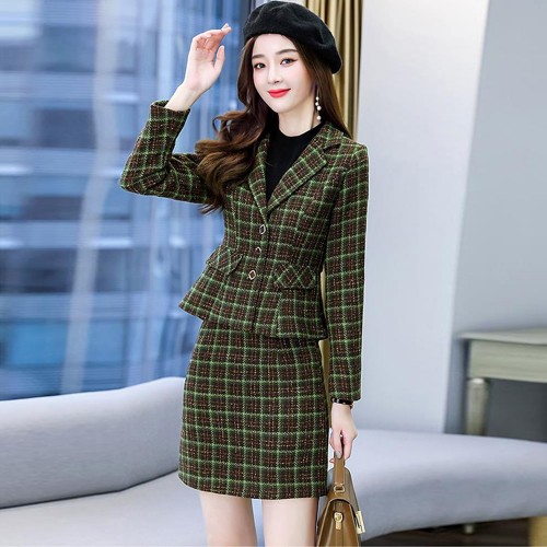Long Sleeve Checkered Jacket And Mini Skirt - Green image