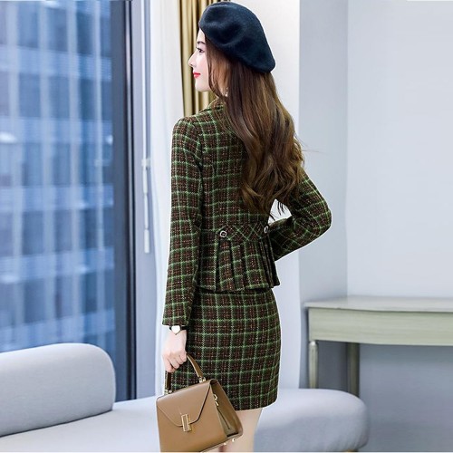 Long Sleeve Checkered Jacket And Mini Skirt - Green image