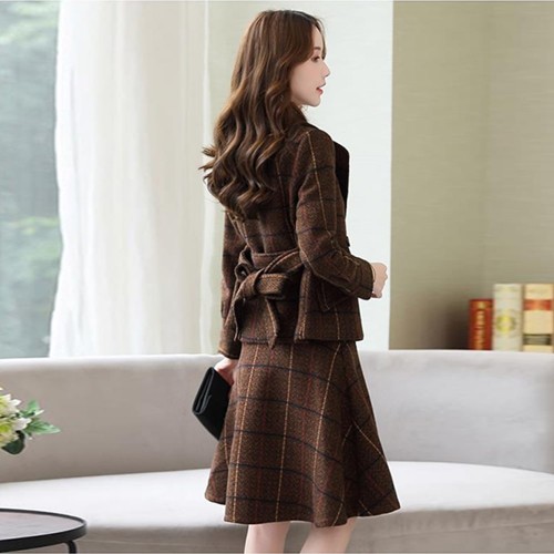 Checkered Two Piece Double Breasted Jacket And Midi Skirt - Brown image