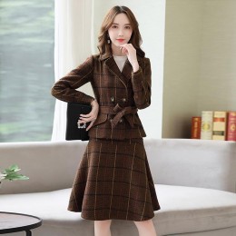 Checkered Two Piece Double Breasted Jacket And Midi Skirt - Brown