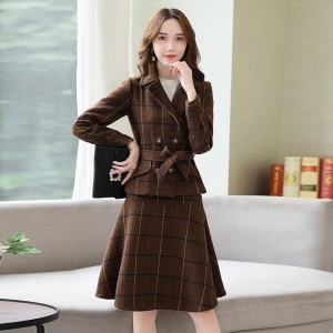 Checkered Two Piece Double Breasted Jacket And Midi Skirt - Brown