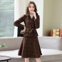 Checkered Two Piece Double Breasted Jacket And Midi Skirt - Brown