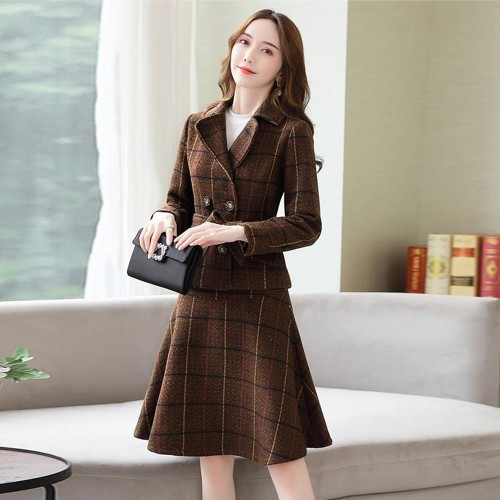 Checkered Two Piece Double Breasted Jacket And Midi Skirt - Brown image
