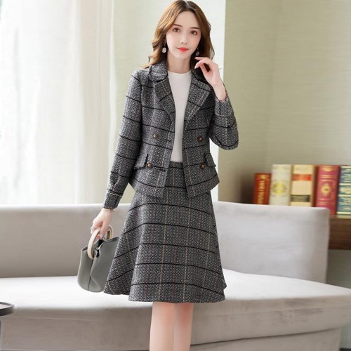 Checkered Two Piece Double Breasted Jacket And A-Line Midi Skirt - Grey image