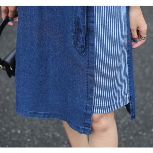 Casual Loose Fit Collared Midi Denim Dress With Belt - Blue image