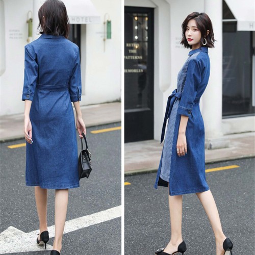 Casual Loose Fit Collared Midi Denim Dress With Belt - Blue image
