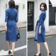 Casual Loose Fit Collared Midi Denim Dress With Belt - Blue image