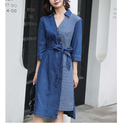 Casual Loose Fit Collared Midi Denim Dress With Belt - Blue image
