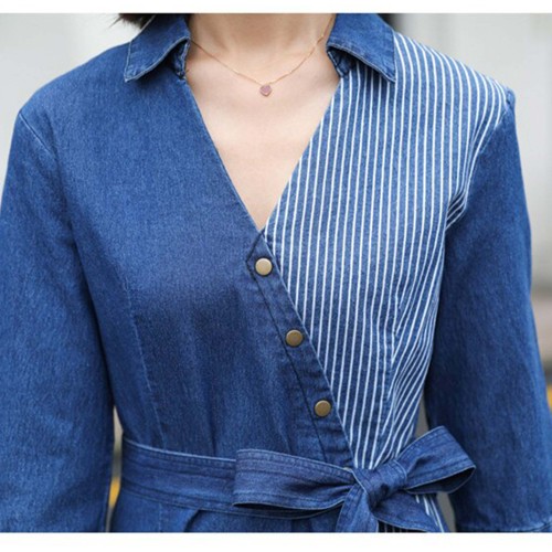 Casual Loose Fit Collared Midi Denim Dress With Belt - Blue image