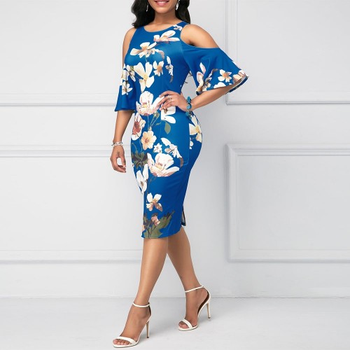  Straight Cut Floral Cold Shoulder Knee Length Dress - Blue image