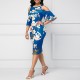  Straight Cut Floral Cold Shoulder Knee Length Dress - Blue image