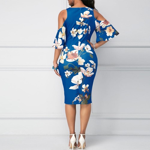  Straight Cut Floral Cold Shoulder Knee Length Dress - Blue image