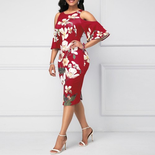  Straight Cut Floral Cold Shoulder Knee Length Dress - Red image