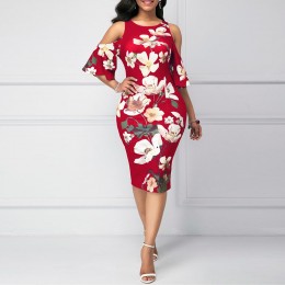  Straight Cut Floral Cold Shoulder Knee Length Dress - Red