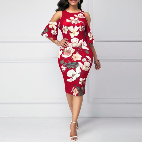  Straight Cut Floral Cold Shoulder Knee Length Dress - Red image