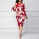  Straight Cut Floral Cold Shoulder Knee Length Dress - Red image