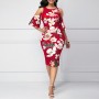  Straight Cut Floral Cold Shoulder Knee Length Dress - Red