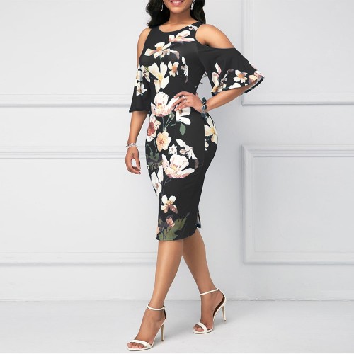  Straight Cut Floral Cold Shoulder Knee Length Dress - Black image