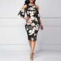  Straight Cut Floral Cold Shoulder Knee Length Dress - Black