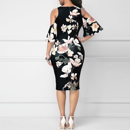  Straight Cut Floral Cold Shoulder Knee Length Dress - Black image