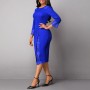 Elbow Length Sleeves Ladies Lace Stitch Knee Length Gown - Blue